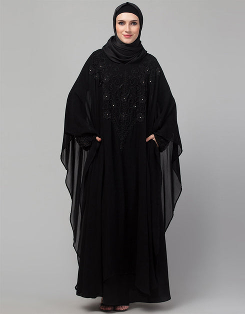 Dubai Black Shine Nida Black Embroidery Abaya Front View